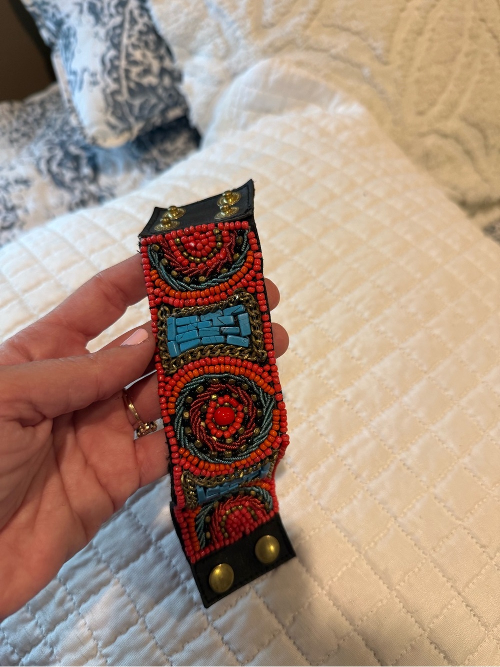 Hand-Beaded Red and Turquoise Leather Bracelet - Women Accessories